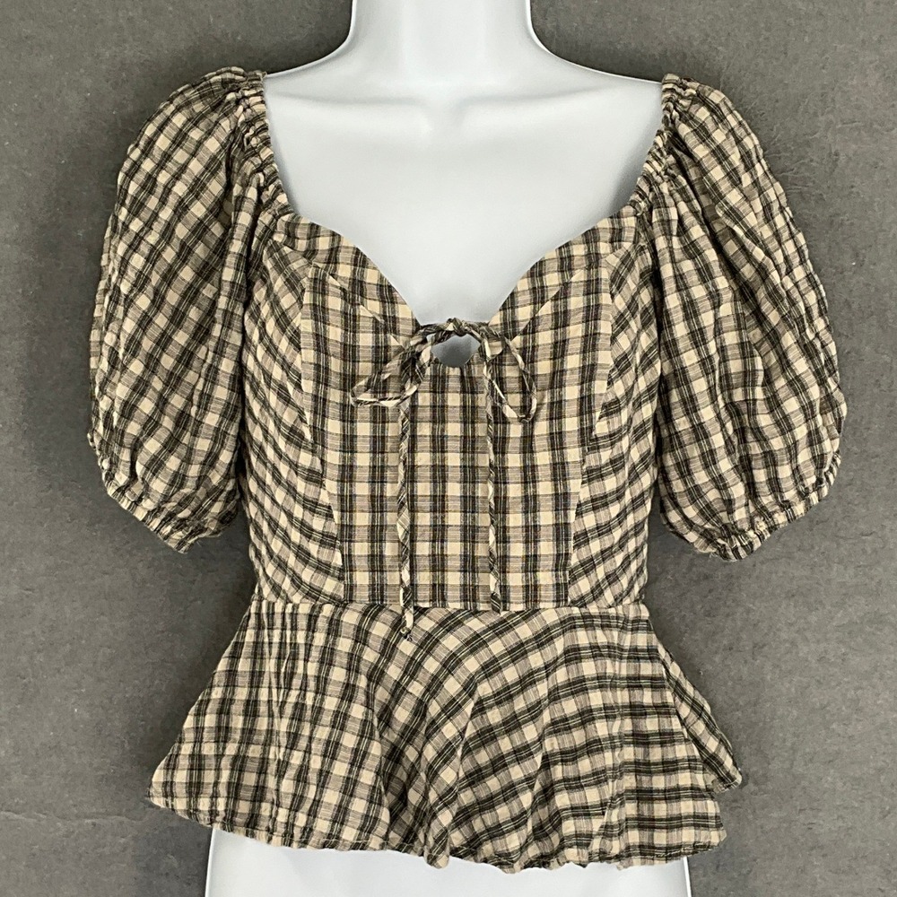 BP Gingham Peplum Top Puff Sleeve Tie Front Womens XS Peasant Cottagecore Boho